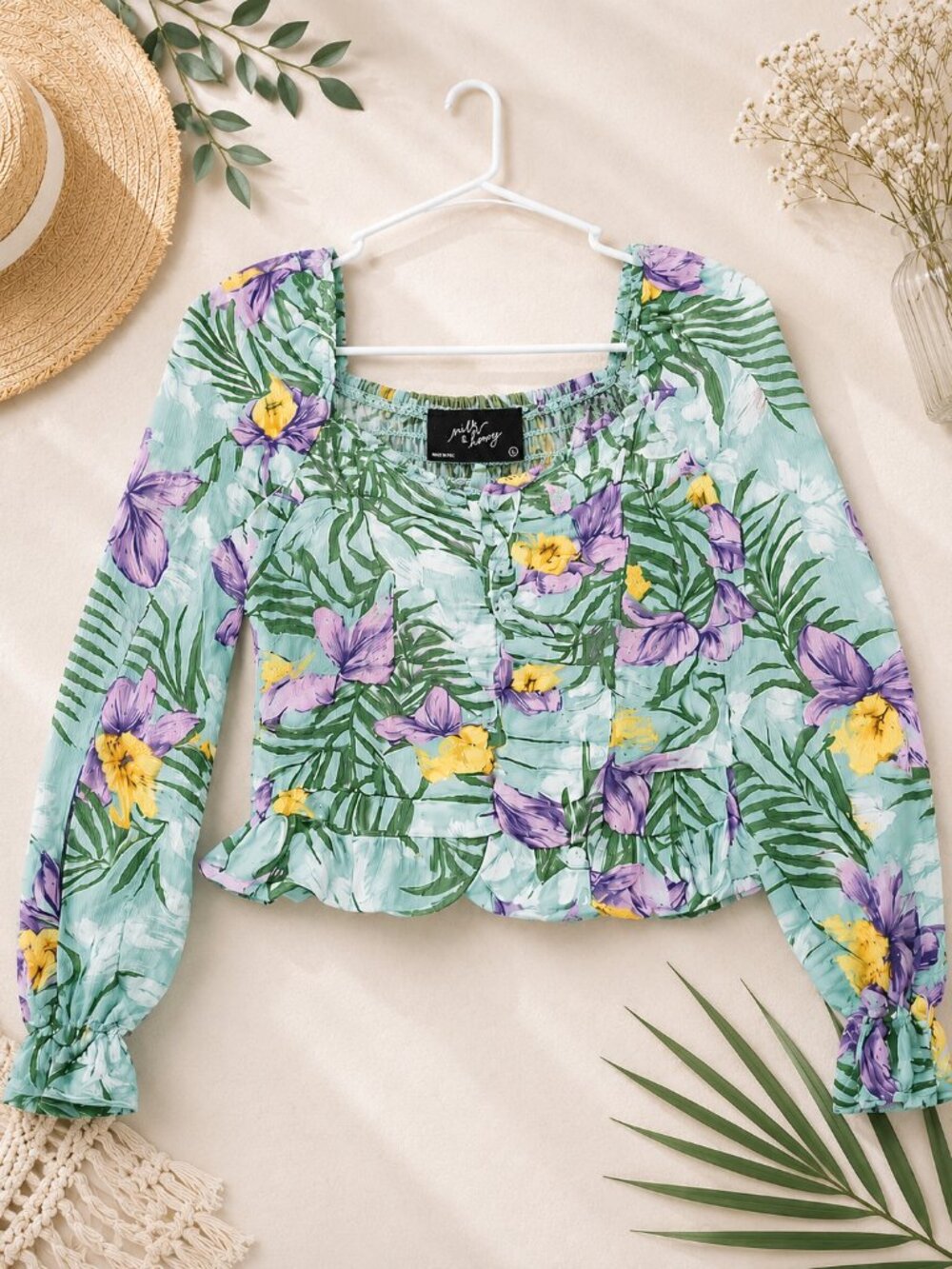 NEW Milk & Honey Tropical Floral Smocked Crop Blouse Sz 10